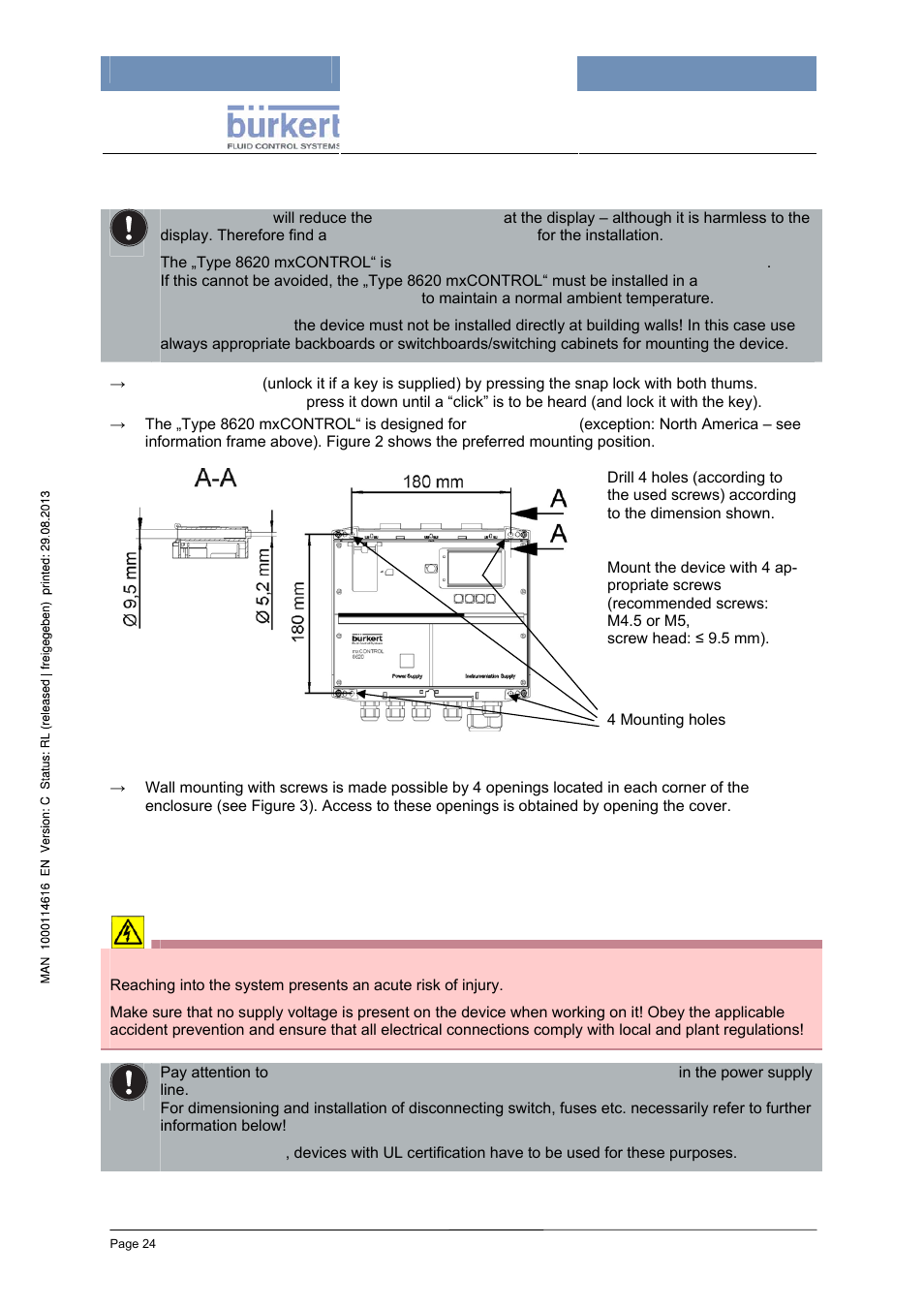 3 mechanical installation, 4 electrical connections, Danger | Burkert Type 8620 User Manual | Page 24 / 177