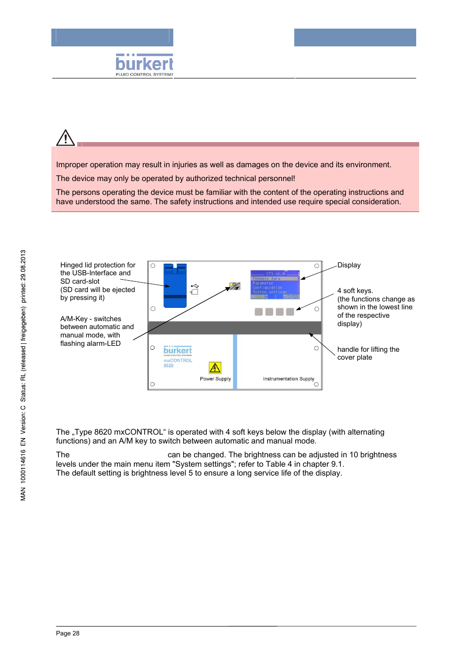 8 description of human-machine interface, 1 safety notes, 2 operating and display elements | Burkert Type 8620 User Manual | Page 28 / 177