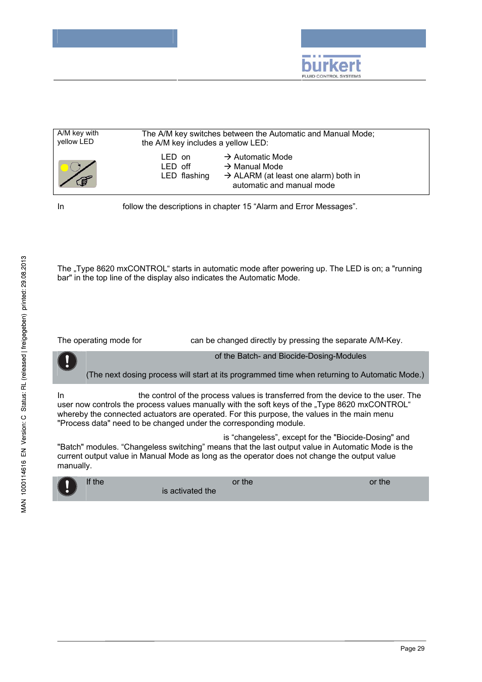3 operation mode, 1 automatic & manual mode key, 2 automatic mode (led on) | 3 manual mode (led off) | Burkert Type 8620 User Manual | Page 29 / 177