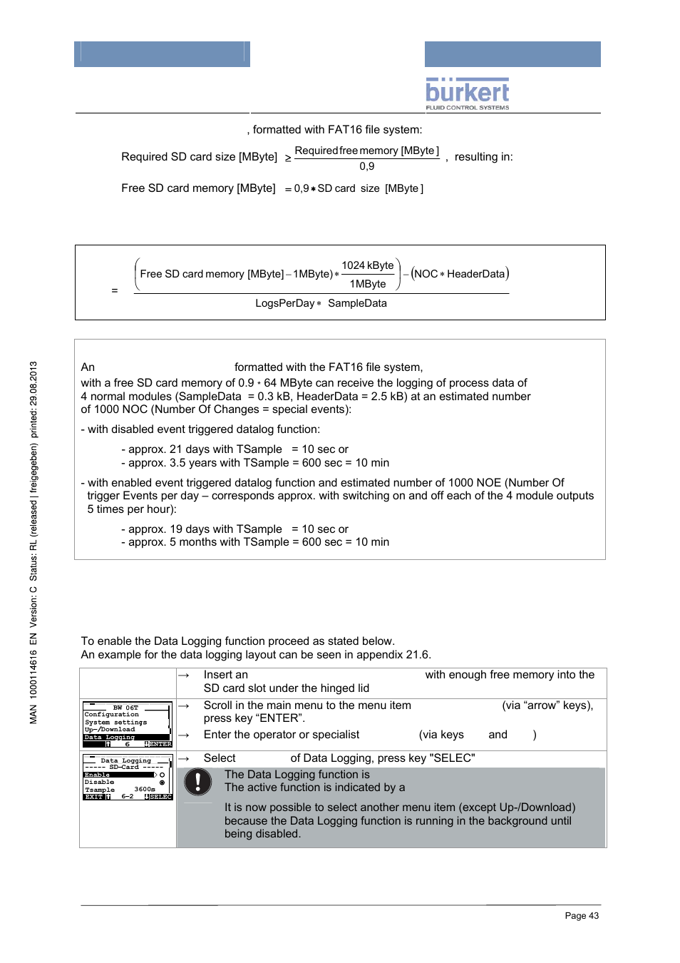 2 start of data logging (enabling) | Burkert Type 8620 User Manual | Page 43 / 177
