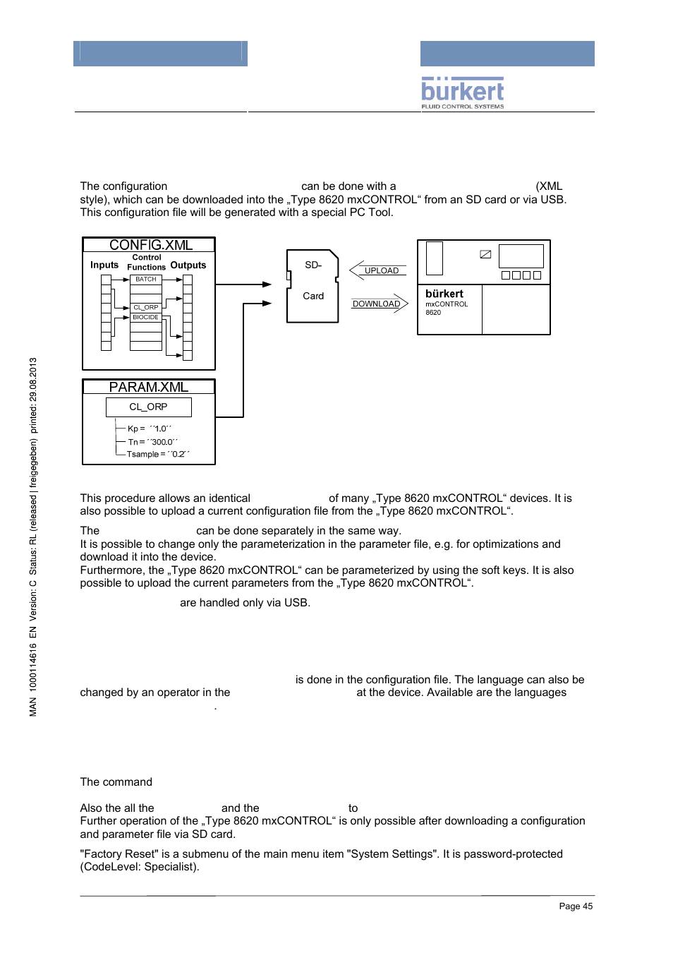 4 configuration and parameterization, 1 preface about configuration/parameterisation, 2 operating language | 3 factory setting of parameters and factory reset | Burkert Type 8620 User Manual | Page 45 / 177