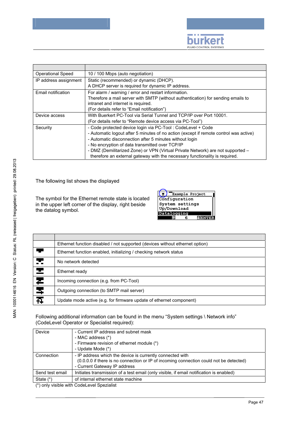 Features, Display of ethernet state | Burkert Type 8620 User Manual | Page 47 / 177