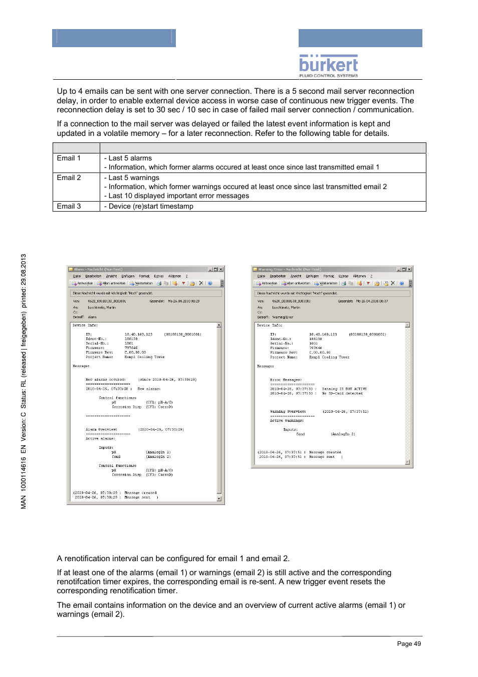 Email examples, Renotification | Burkert Type 8620 User Manual | Page 49 / 177