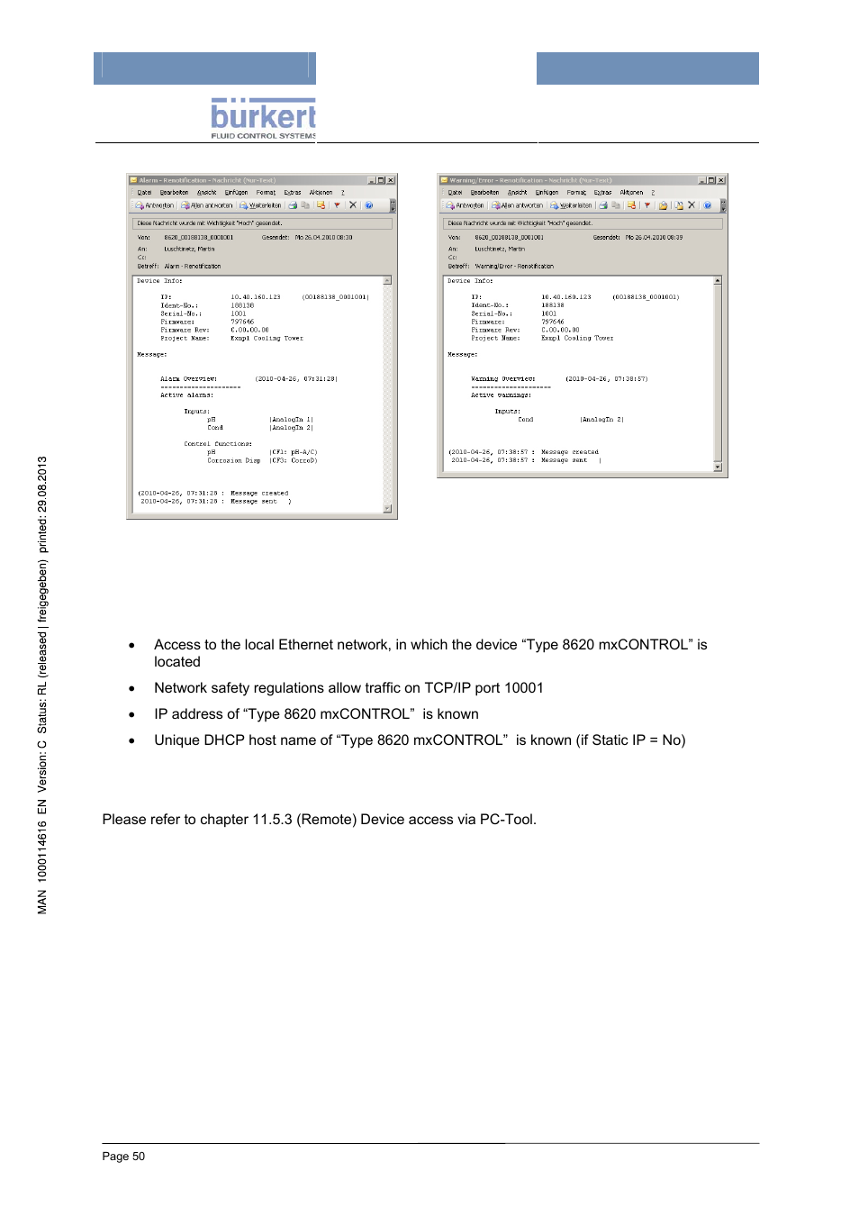 Remote device access via pc-tool requirements, Functionality | Burkert Type 8620 User Manual | Page 50 / 177