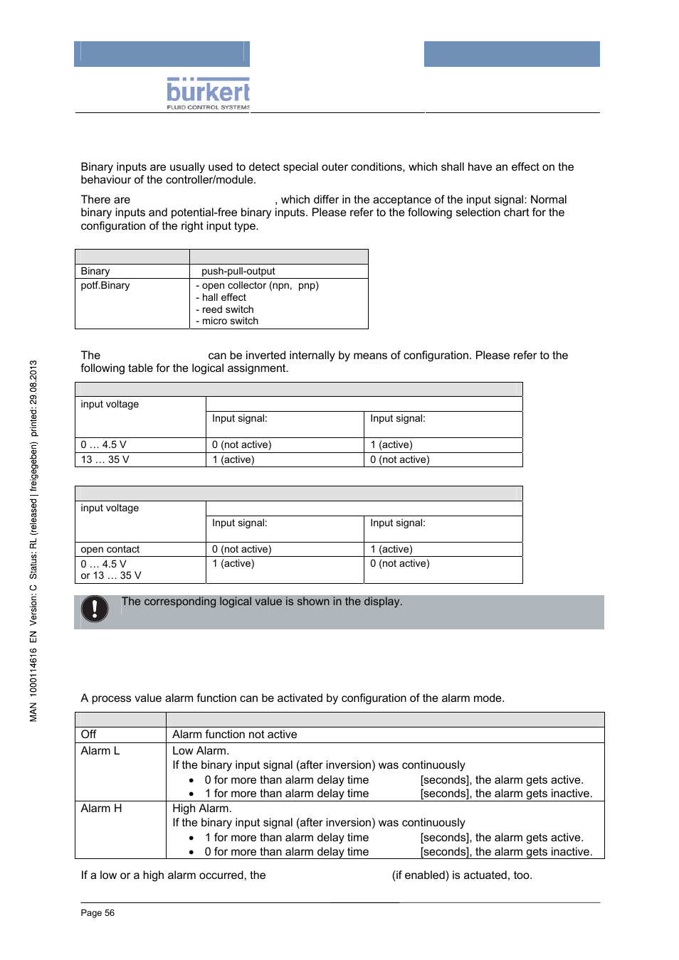 1 binary inputs, Process value) alarm | Burkert Type 8620 User Manual | Page 56 / 177