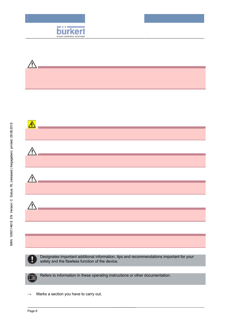 The operating instructions, 1 the operating instructions, Presentation elements | Warning, Danger, Caution | Burkert Type 8620 User Manual | Page 6 / 177