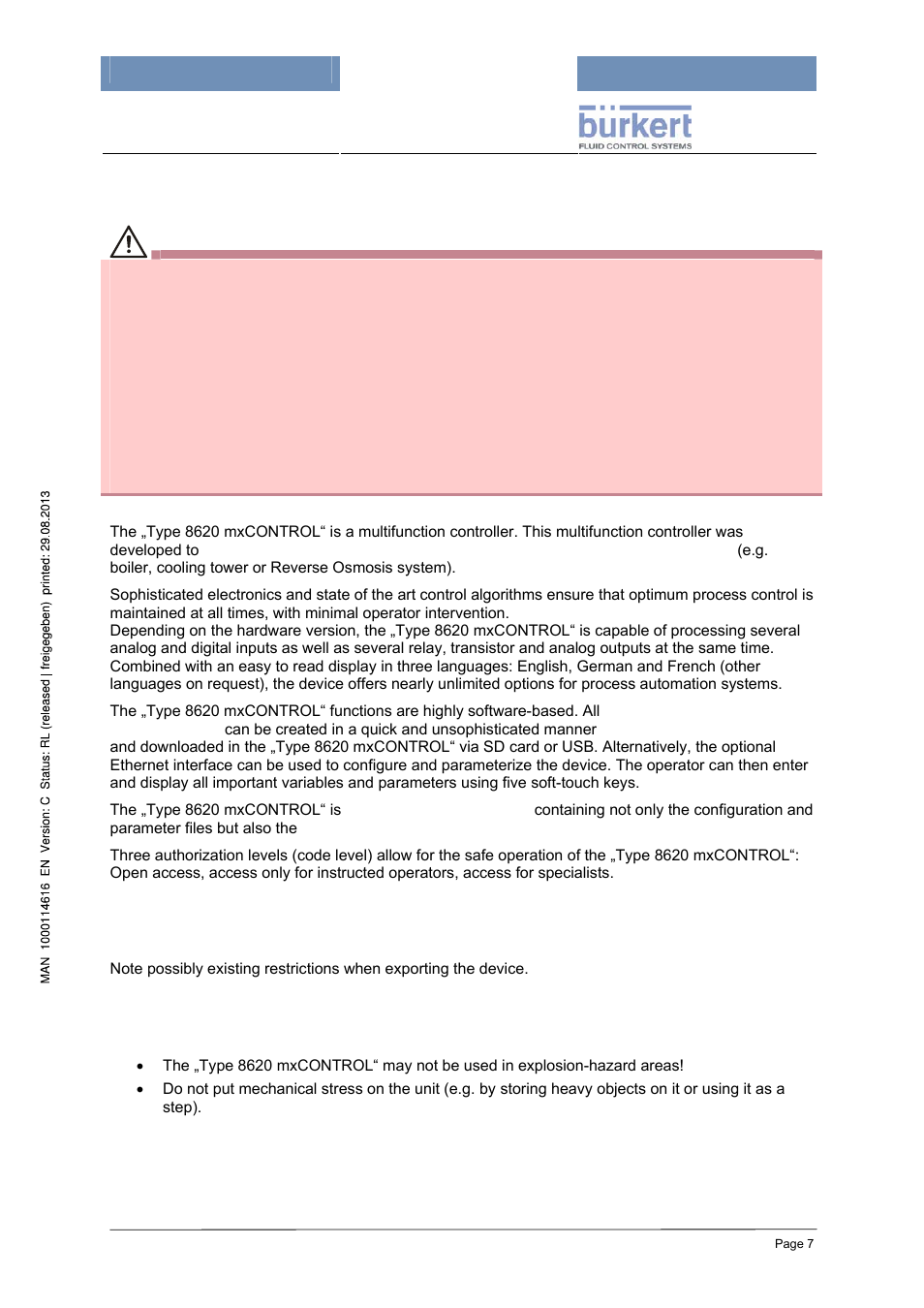2 intended use, 1 restrictions, 2 anticipated misuse | Burkert Type 8620 User Manual | Page 7 / 177