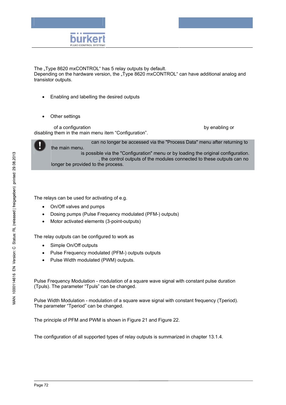 13 outputs, 1 relay outputs | Burkert Type 8620 User Manual | Page 72 / 177