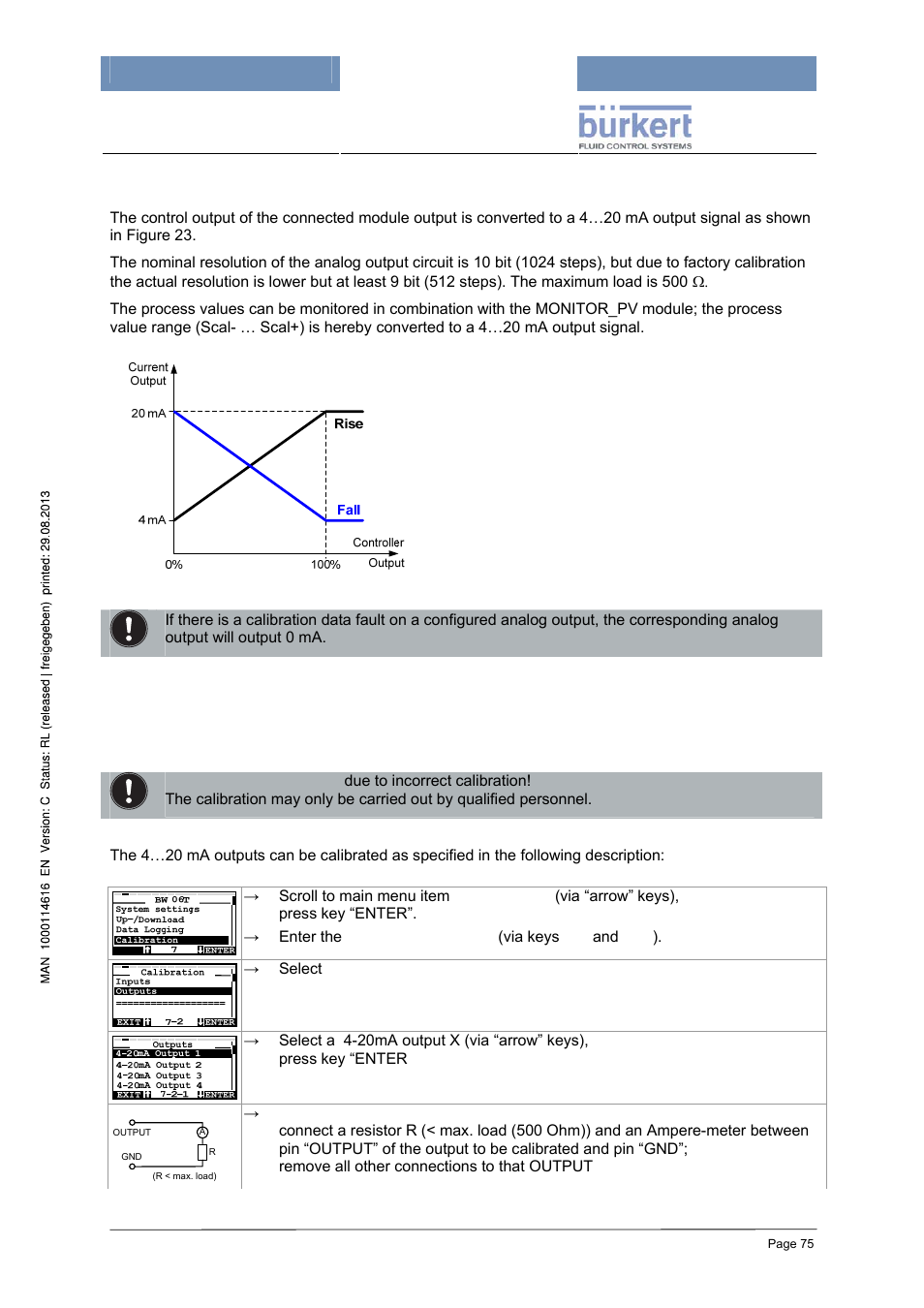 2 analog 4 ma outputs (option), Calibration of 4 ma outputs | Burkert Type 8620 User Manual | Page 75 / 177