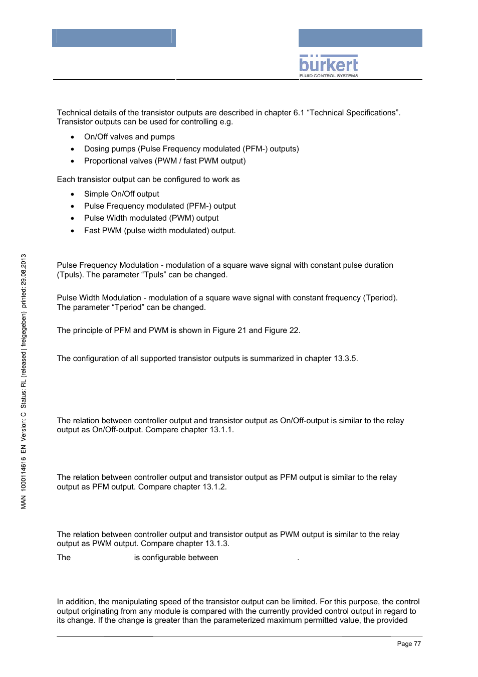 3 transistor outputs (option), 1 transistor output as on/off-output, 2 transistor output as pfm output | 3 transistor output as pwm output | Burkert Type 8620 User Manual | Page 77 / 177