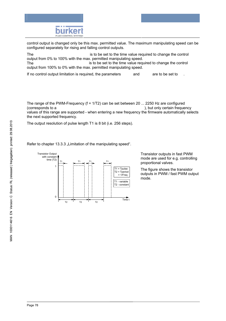 4 transistor output as fast pwm output, Limitation of the manipulating speed | Burkert Type 8620 User Manual | Page 78 / 177