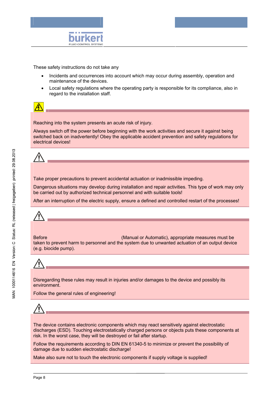 3 general safety instructions, Danger, Warning | Caution | Burkert Type 8620 User Manual | Page 8 / 177