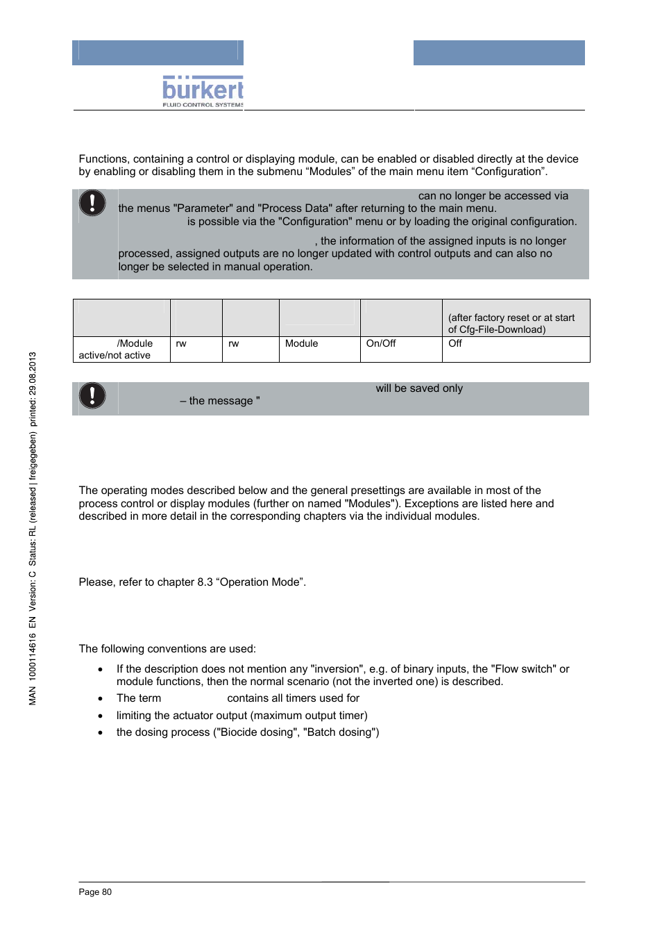 14 controller modules, 1 common settings, 1 automatic and manual mode | 2 definitions for “inversion” and “all timers | Burkert Type 8620 User Manual | Page 80 / 177