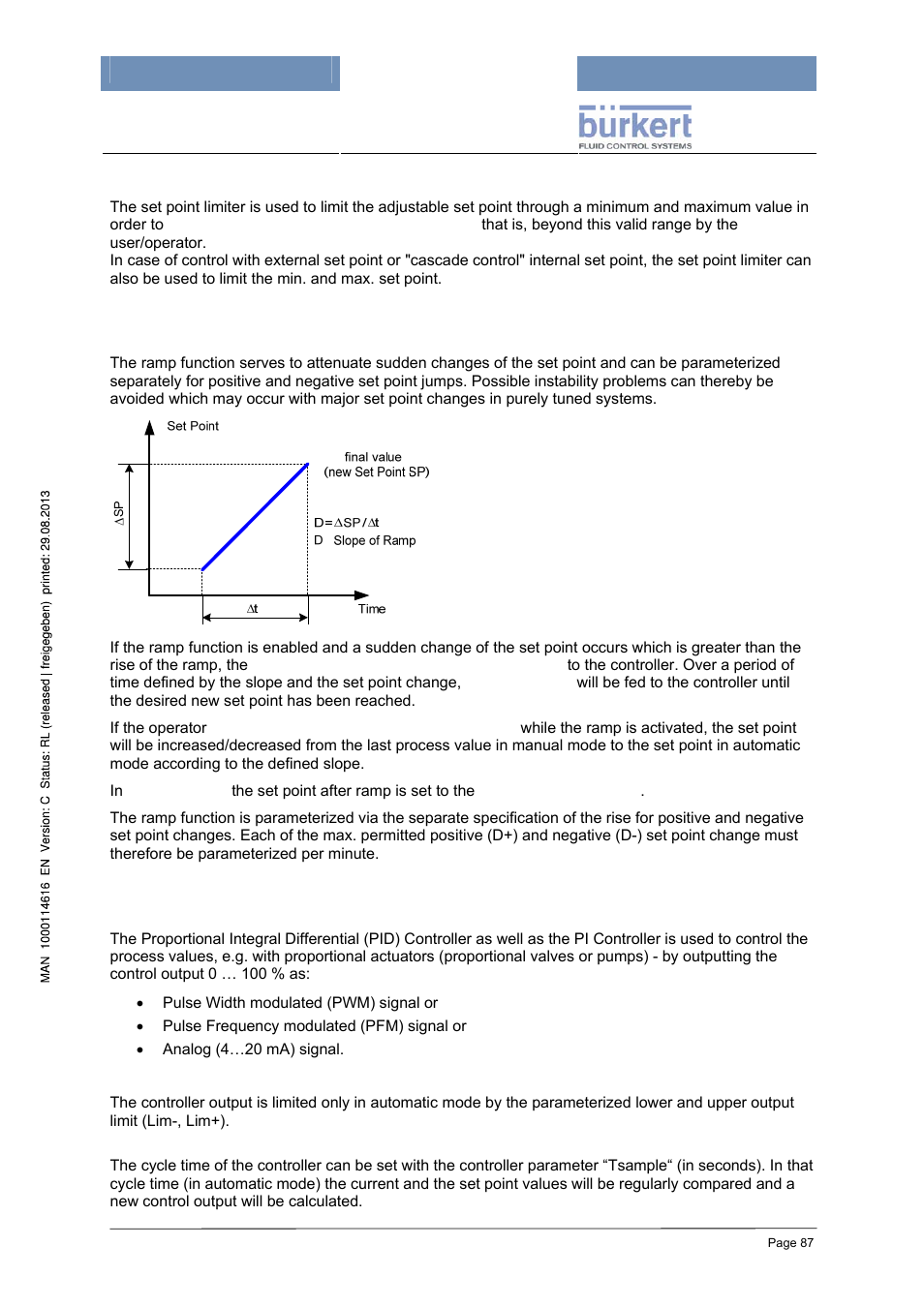 Set value limiter (sp limit), Ramp function for set point setting (sp ramp), Pid controller | Burkert Type 8620 User Manual | Page 87 / 177