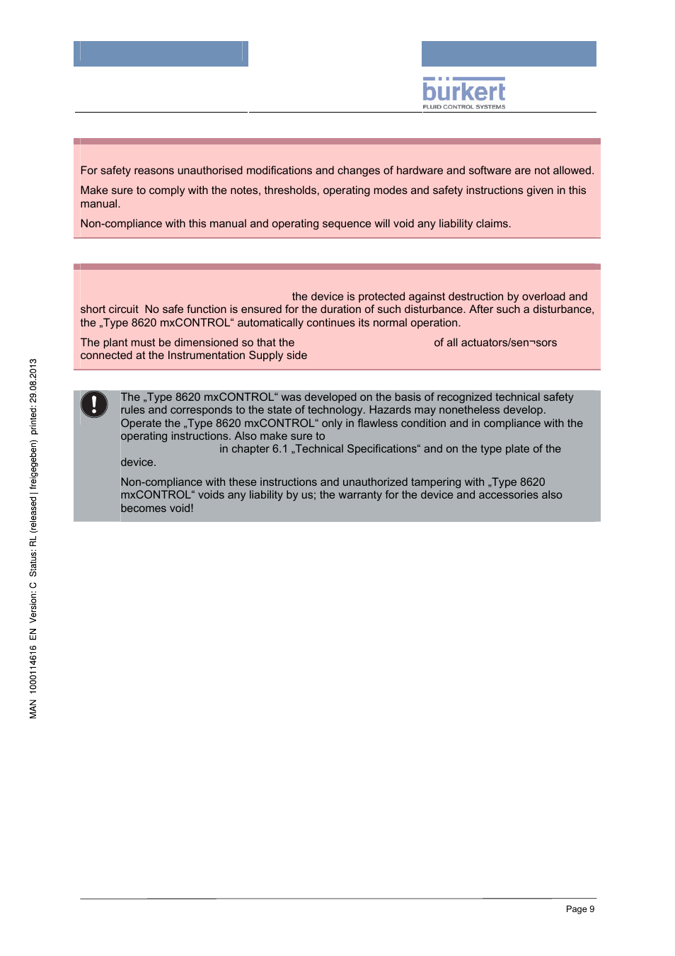 Caution | Burkert Type 8620 User Manual | Page 9 / 177