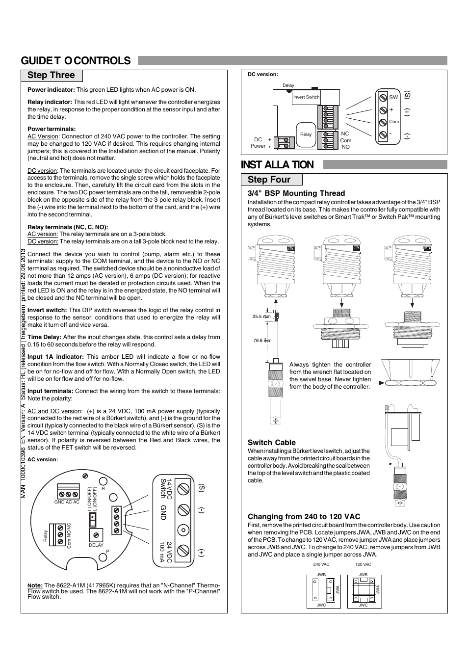 Inst alla tion guide t o controls, Step three step four, 3/4" bsp mounting thread | Switch cable, S) (-) (+) (s) (+) (-), Switch gnd | Burkert Type 8622 User Manual | Page 2 / 4