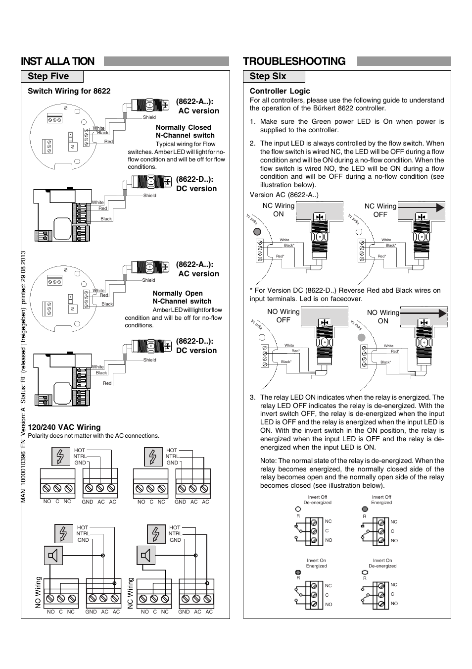 Inst alla tion troubleshooting, Step five step six, Switch wiring for 8622 | Controller logic | Burkert Type 8622 User Manual | Page 3 / 4