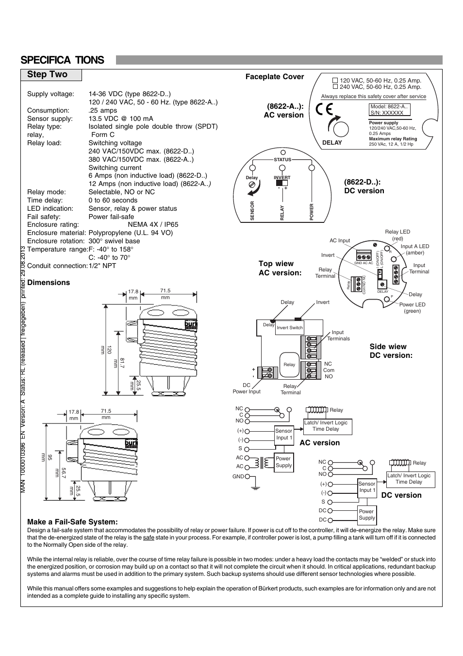 Specifica tions, Step two, Make a fail-safe system | Dimensions, Side wiew dc version, Top wiew ac version, Dc version ac version | Burkert Type 8622 User Manual | Page 4 / 4