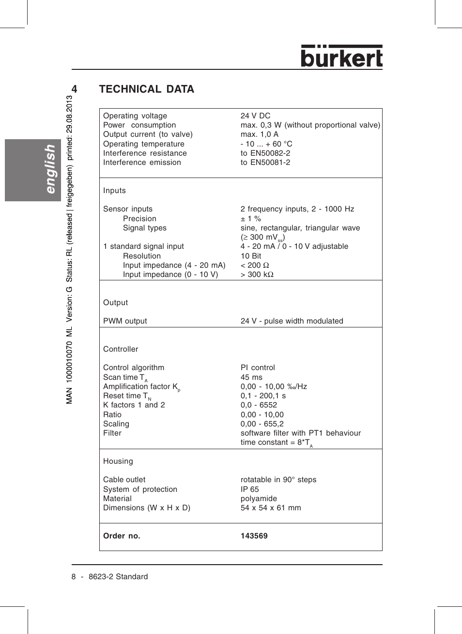 English, 4technical data | Burkert Type 8623 User Manual | Page 10 / 130