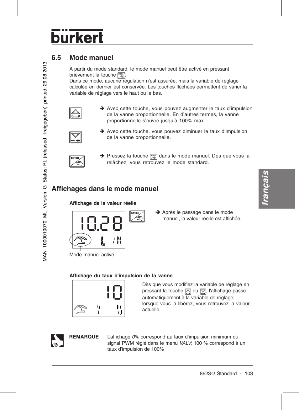 Français, 5 mode manuel, Affichages dans le mode manuel | Burkert Type 8623 User Manual | Page 105 / 130