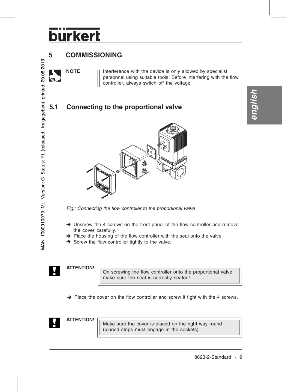 English, 5commissioning, 1 connecting to the proportional valve | Burkert Type 8623 User Manual | Page 11 / 130