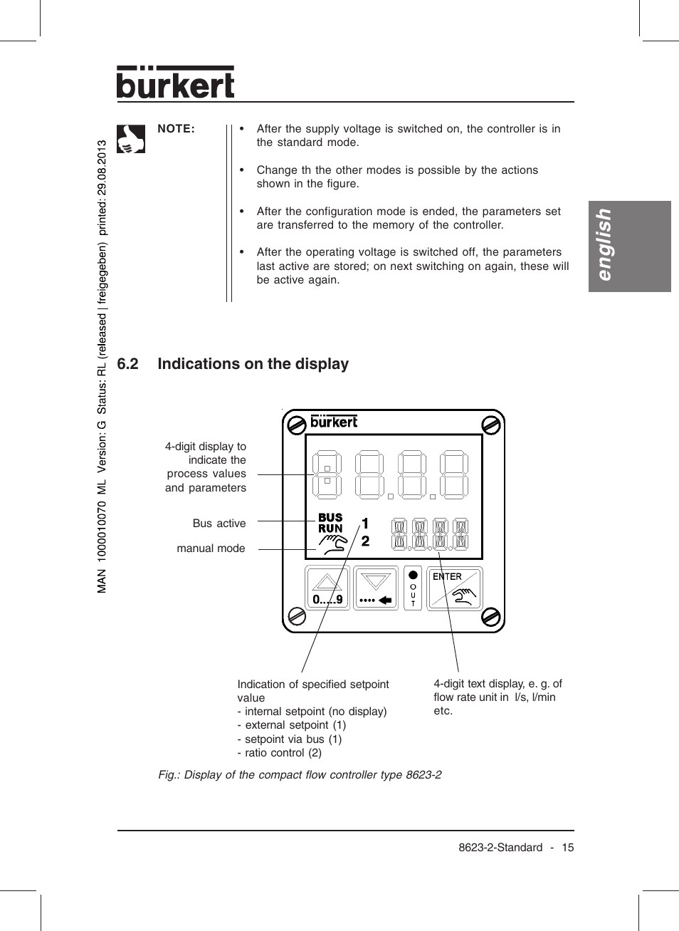 English, 2 indications on the display | Burkert Type 8623 User Manual | Page 17 / 130