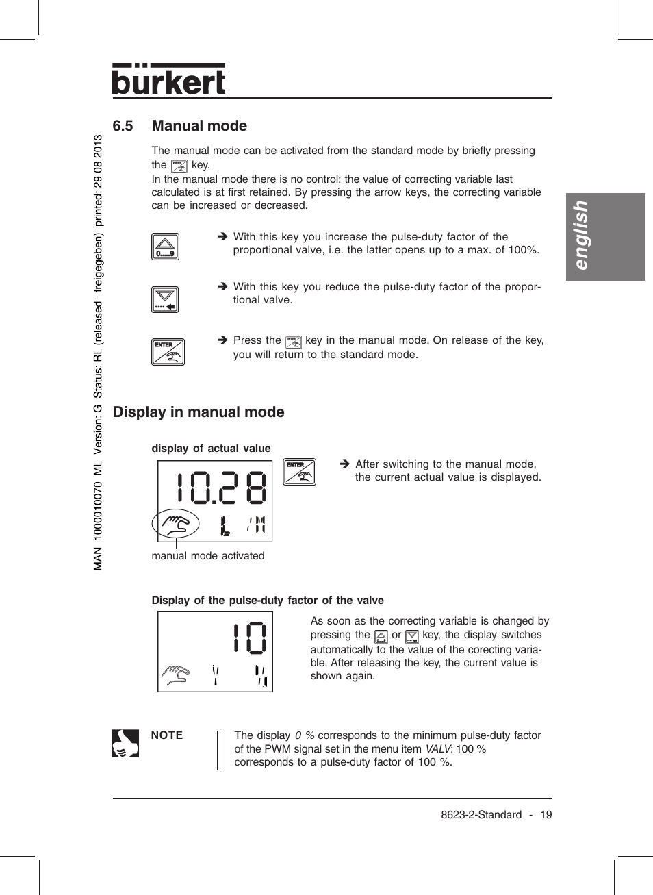 English, 5 manual mode, Display in manual mode | Burkert Type 8623 User Manual | Page 21 / 130