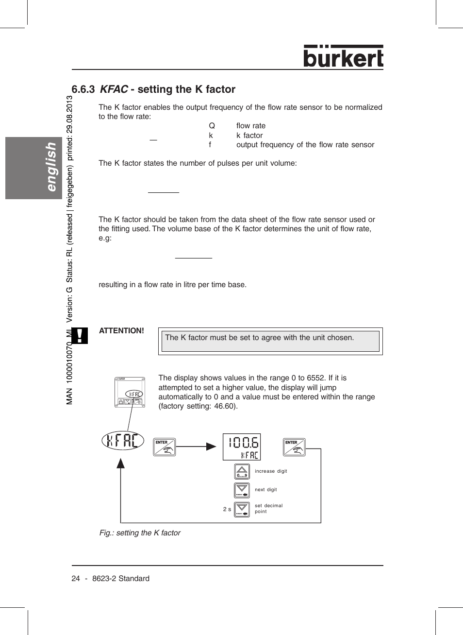 English, 3 kfac - setting the k factor | Burkert Type 8623 User Manual | Page 26 / 130