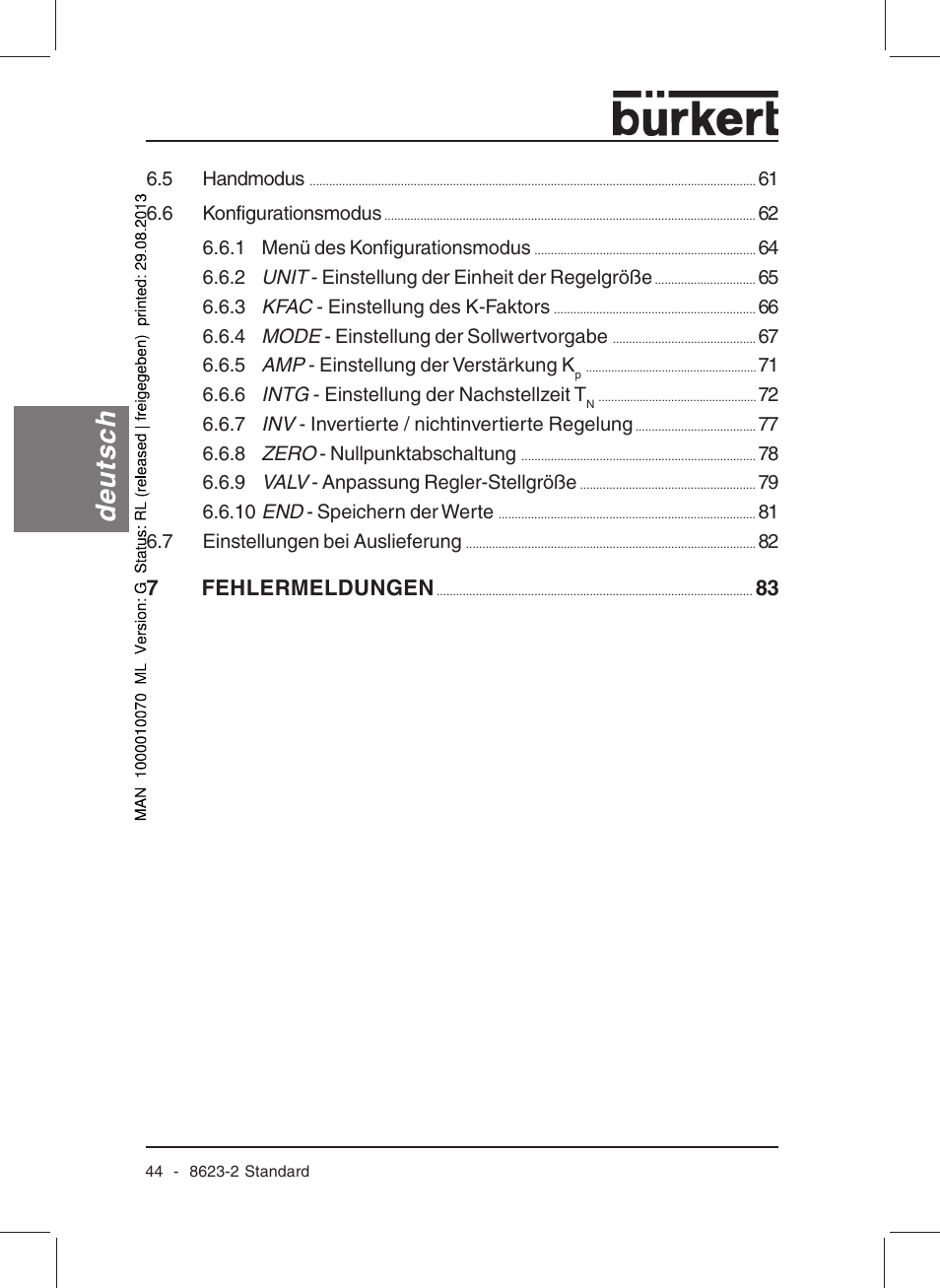 Deutsch, 7fehlermeldungen | Burkert Type 8623 User Manual | Page 46 / 130