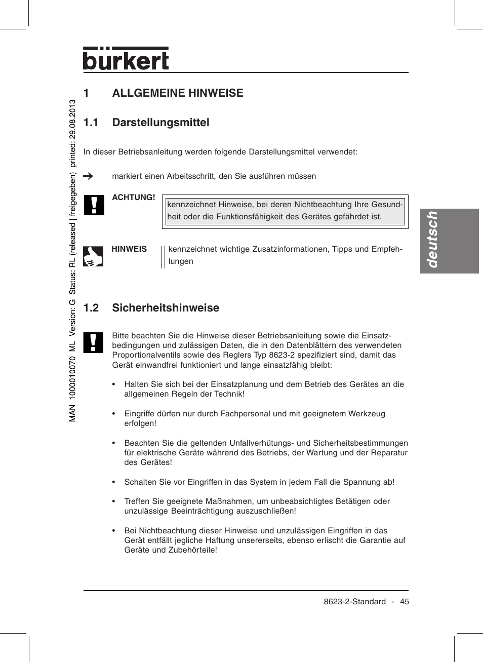 Deutsch, 1allgemeine hinweise, 2 sicherheitshinweise 1.1 darstellungsmittel | Burkert Type 8623 User Manual | Page 47 / 130