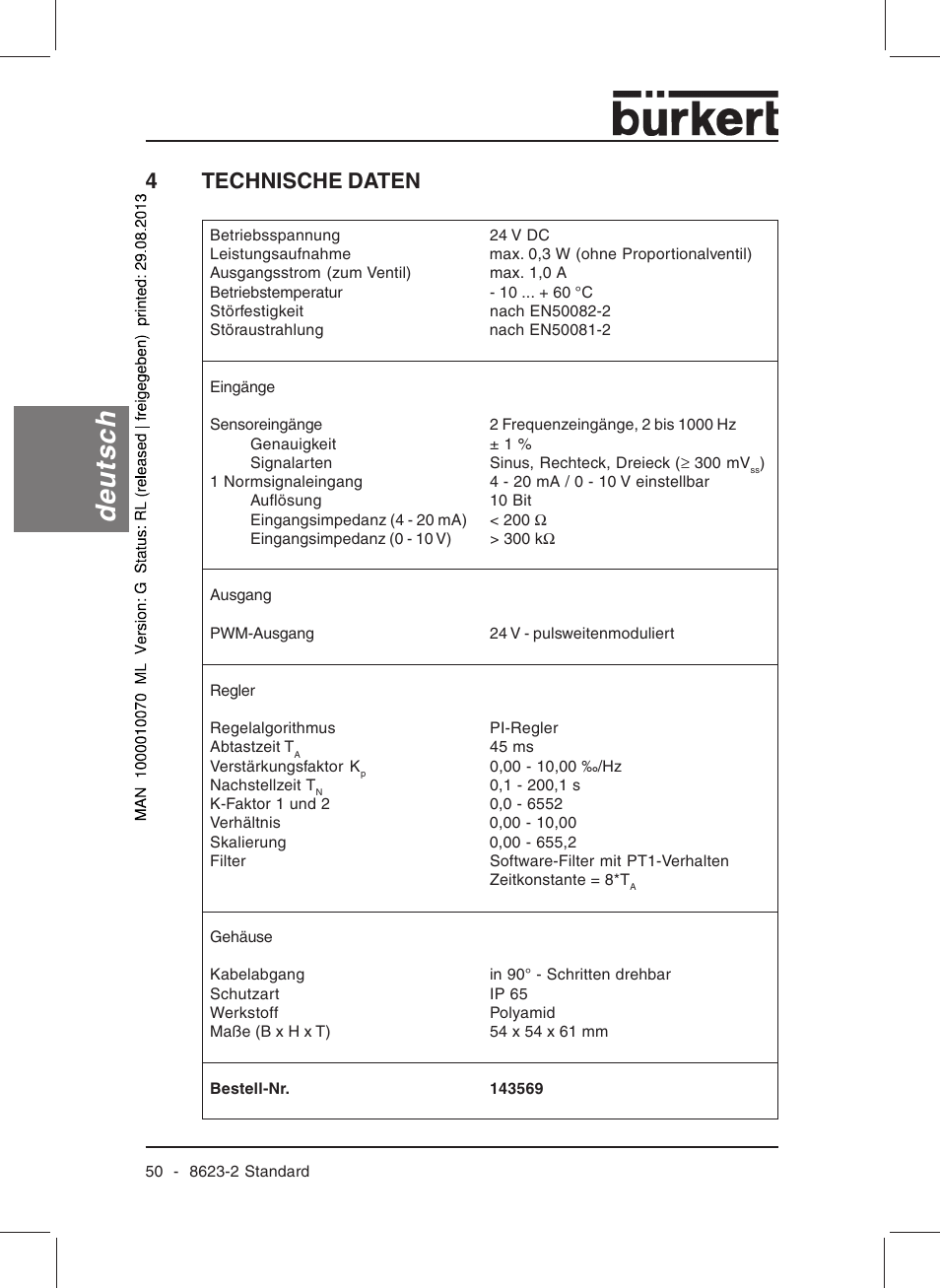 Deutsch, 4technische daten | Burkert Type 8623 User Manual | Page 52 / 130