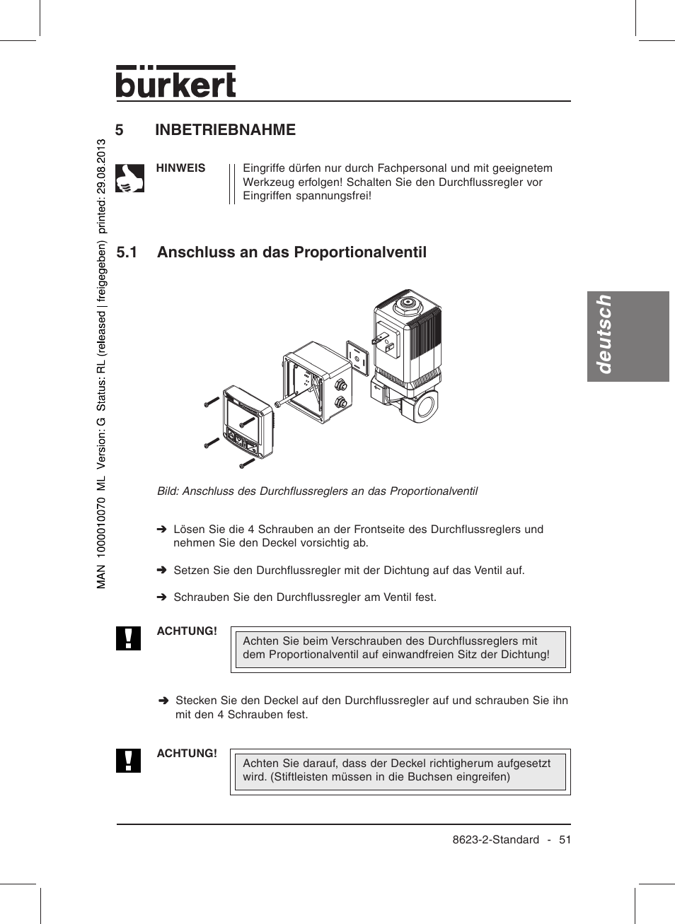 Deutsch, 5inbetriebnahme, 1 anschluss an das proportionalventil | Burkert Type 8623 User Manual | Page 53 / 130