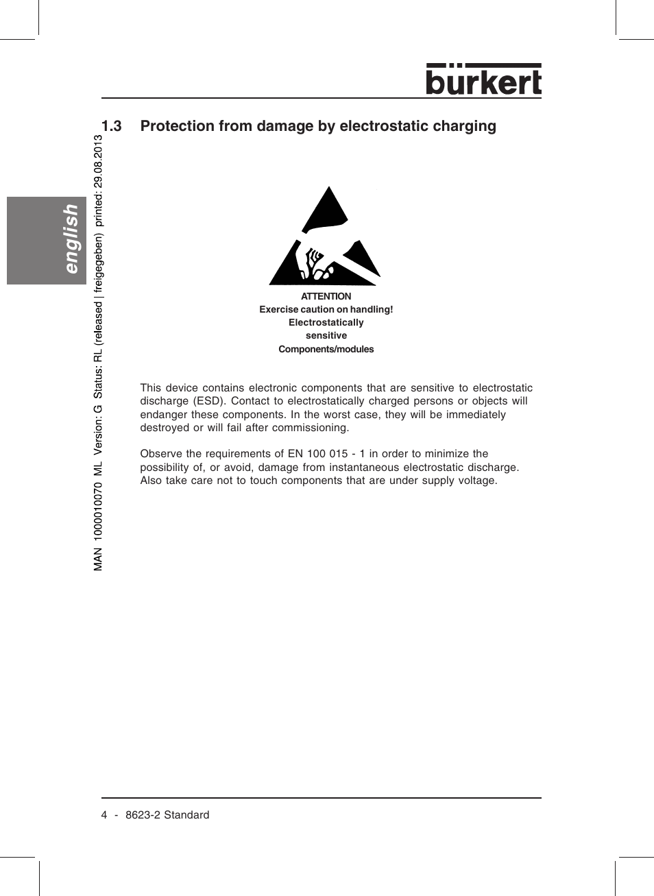 English, 3 protection from damage by electrostatic charging | Burkert Type 8623 User Manual | Page 6 / 130