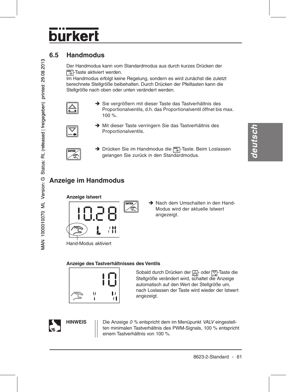 Deutsch, 5 handmodus, Anzeige im handmodus | Burkert Type 8623 User Manual | Page 63 / 130