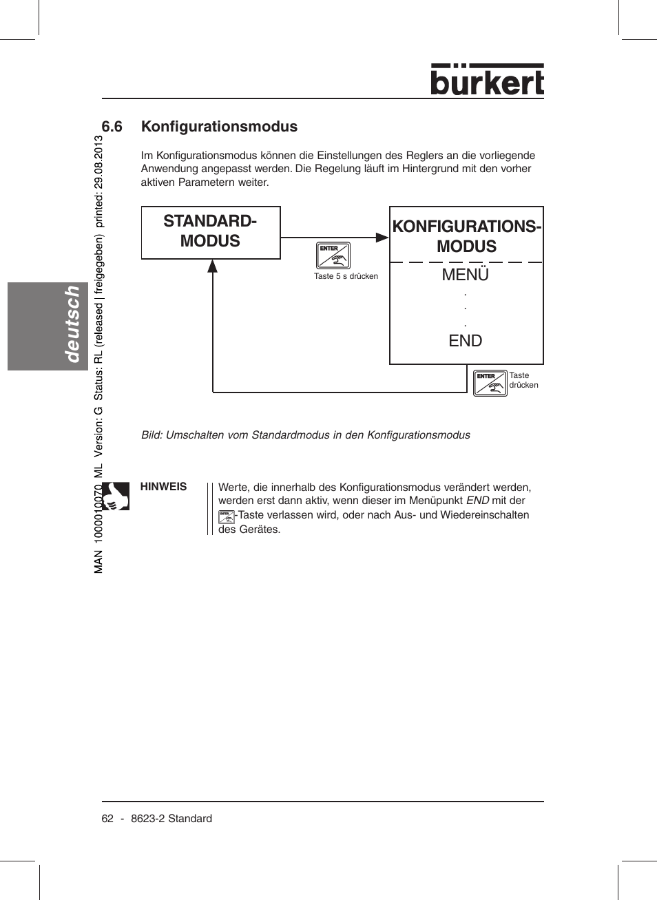 Deutsch, Standard- modus, Konfigurations- modus menü | Burkert Type 8623 User Manual | Page 64 / 130