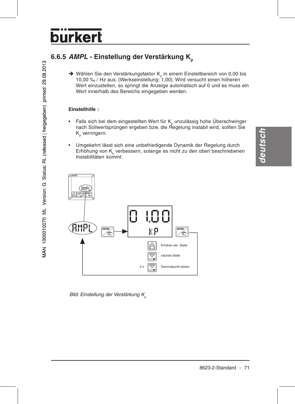 Deutsch, 5 ampl - einstellung der verstärkung k | Burkert Type 8623 User Manual | Page 73 / 130