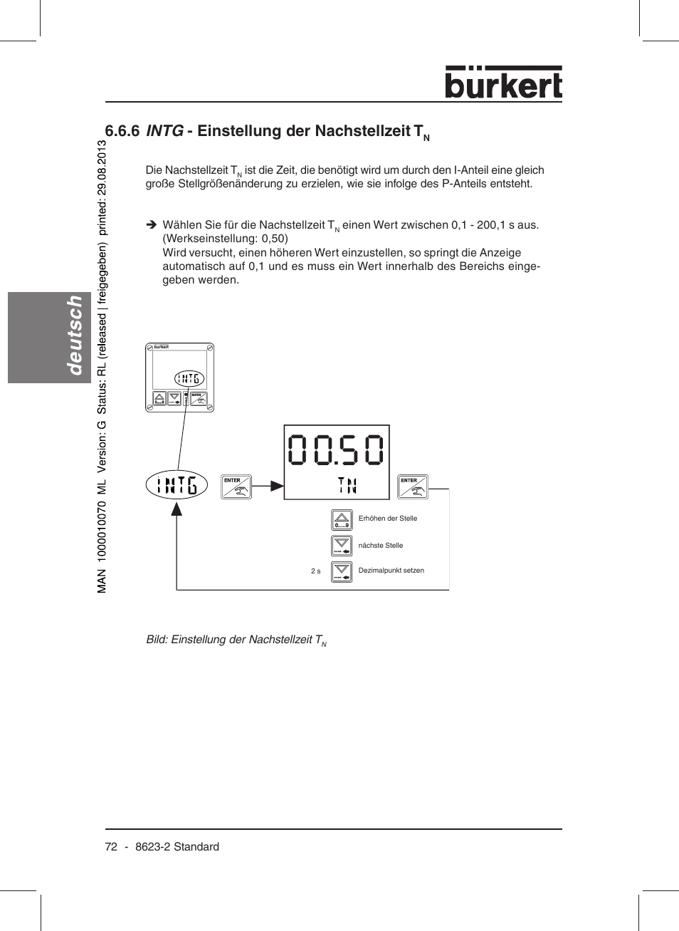 Deutsch, 6 intg - einstellung der nachstellzeit t | Burkert Type 8623 User Manual | Page 74 / 130