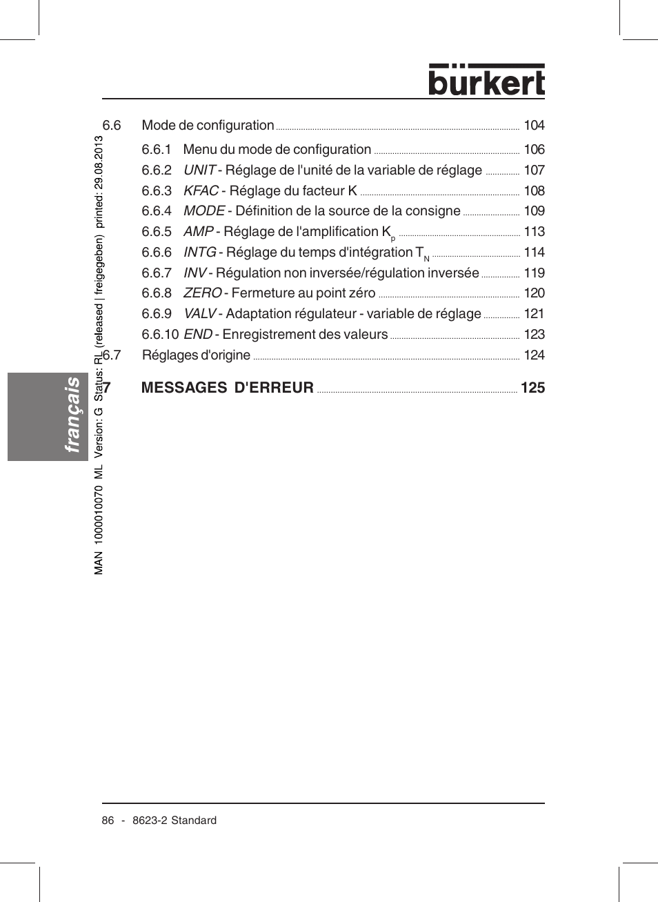 Français, 7messages d'erreur | Burkert Type 8623 User Manual | Page 88 / 130