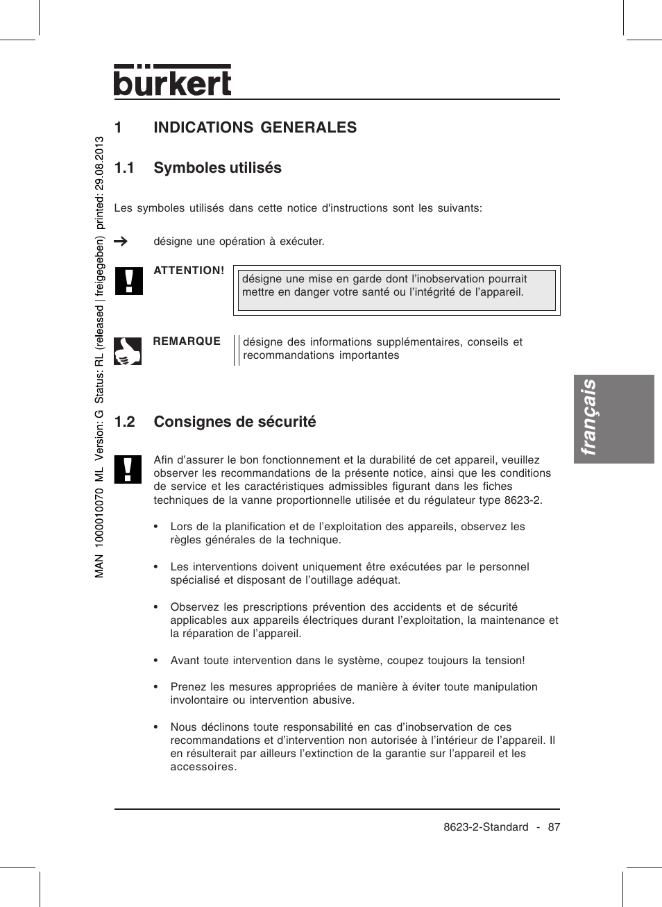 Français, 1indications generales, 2 consignes de sécurité 1.1 symboles utilisés | Burkert Type 8623 User Manual | Page 89 / 130
