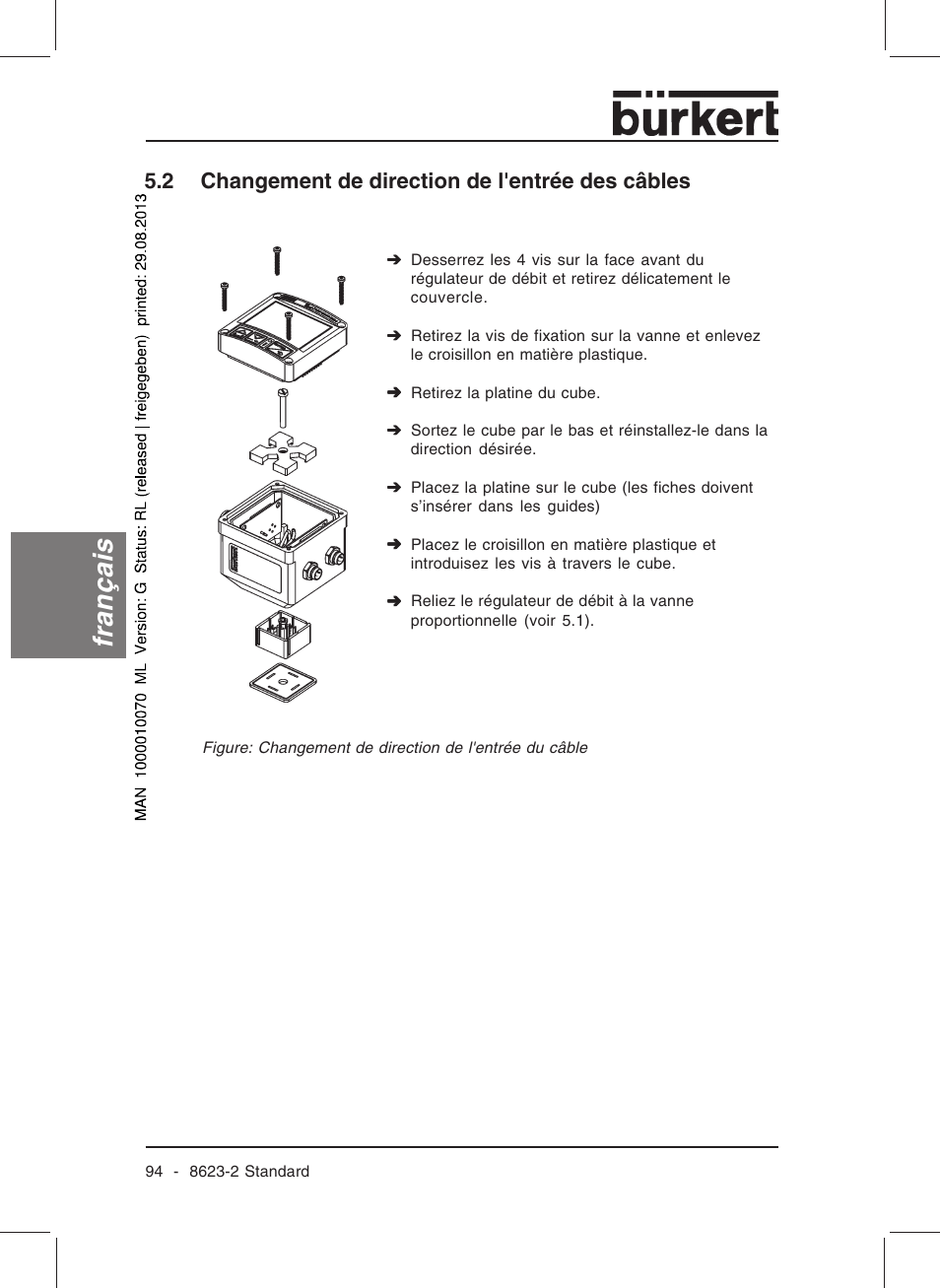 Français, 2 changement de direction de l'entrée des câbles | Burkert Type 8623 User Manual | Page 96 / 130