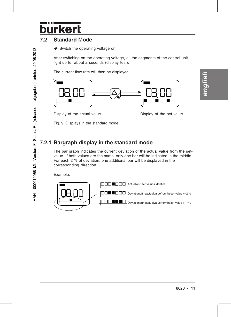 English, 2 standard mode, 1 bargraph display in the standard mode | Burkert Type 8623 User Manual | Page 13 / 90