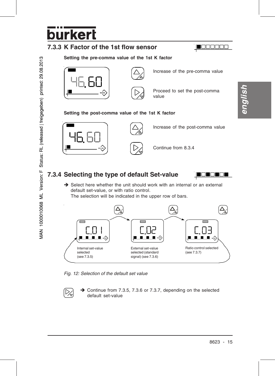 English, 3 k factor of the 1st flow sensor, 4 selecting the type of default set-value | Burkert Type 8623 User Manual | Page 17 / 90