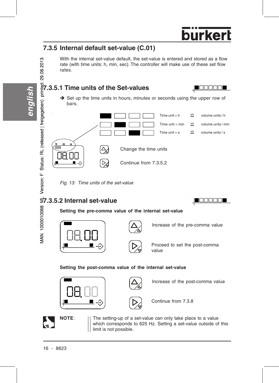 English, 5 internal default set-value (c.01), 1 time units of the set-values | 2 internal set-value | Burkert Type 8623 User Manual | Page 18 / 90