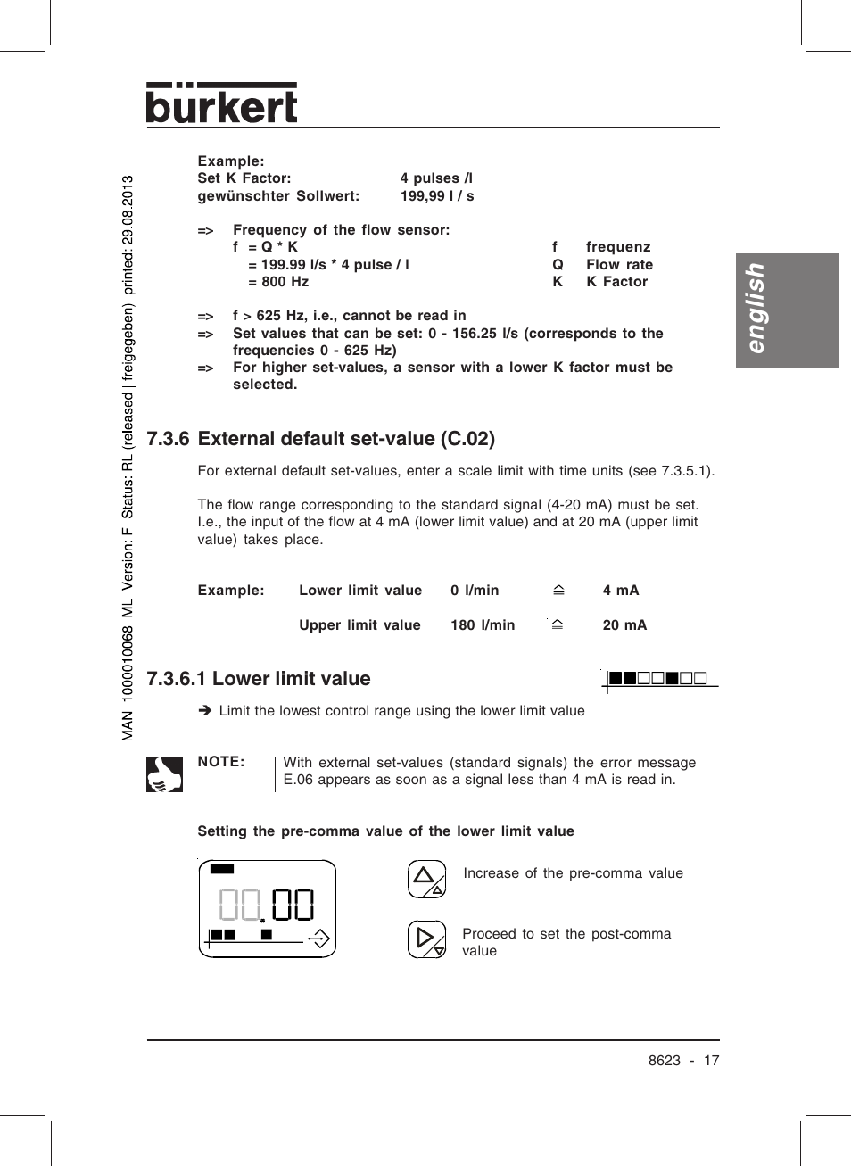 English, 6 external default set-value (c.02), 1 lower limit value | Burkert Type 8623 User Manual | Page 19 / 90