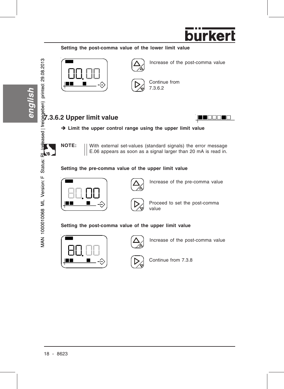 English, 2 upper limit value | Burkert Type 8623 User Manual | Page 20 / 90