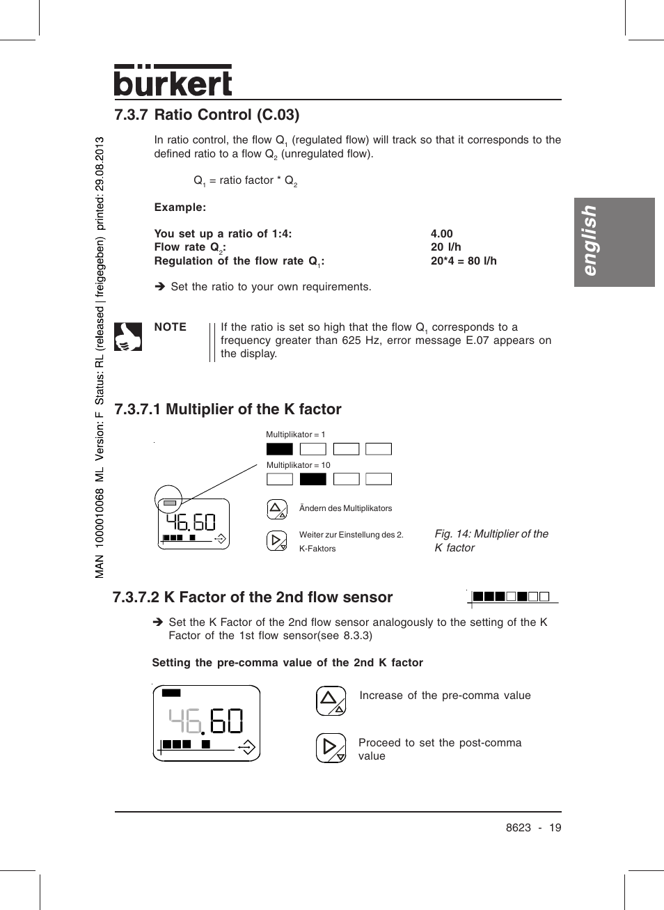 English, 7 ratio control (c.03), 1 multiplier of the k factor | 2 k factor of the 2nd flow sensor | Burkert Type 8623 User Manual | Page 21 / 90