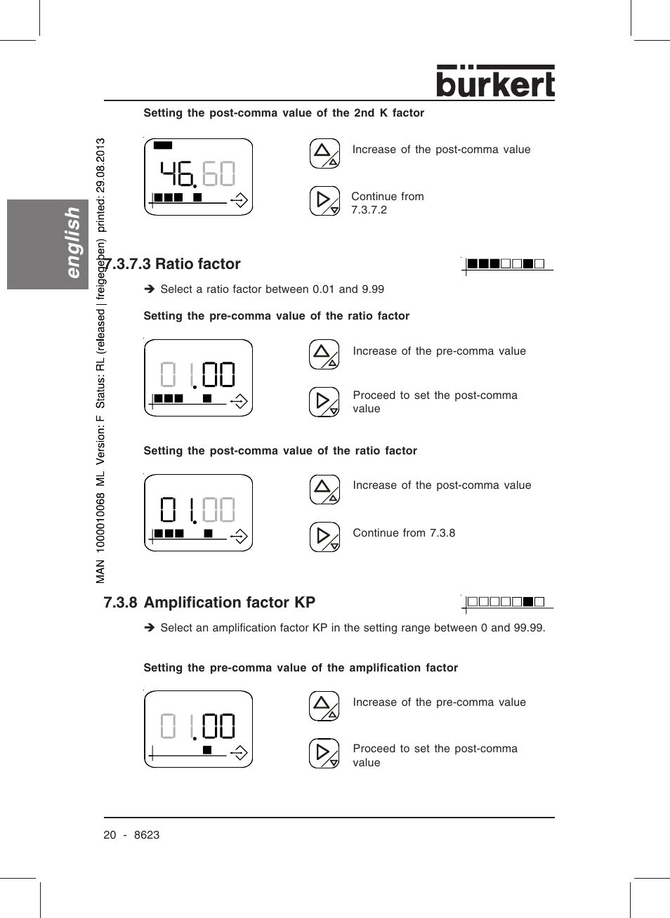 English, 3 ratio factor, 8 amplification factor kp | Burkert Type 8623 User Manual | Page 22 / 90