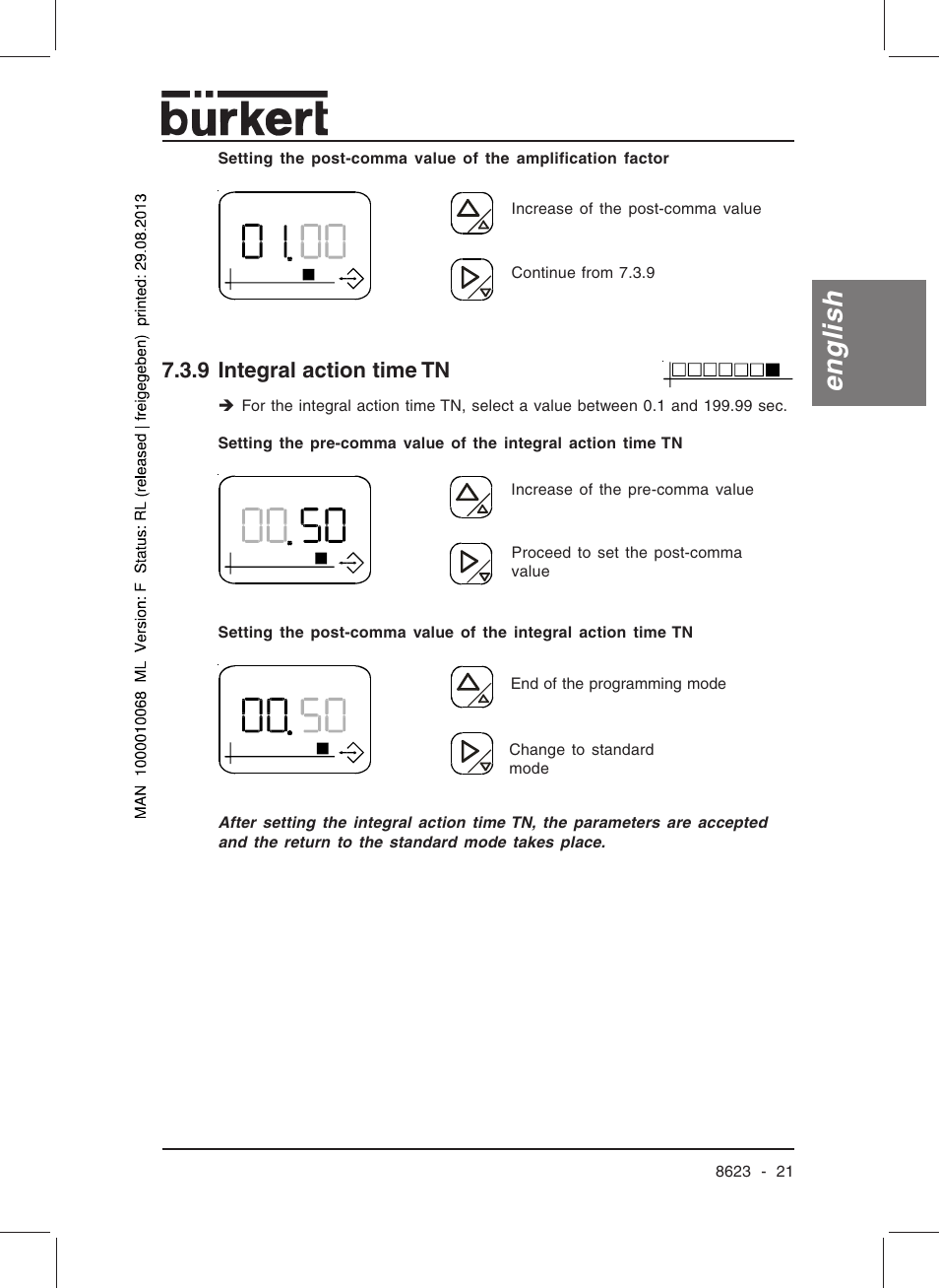 English, 9 integral action time tn | Burkert Type 8623 User Manual | Page 23 / 90