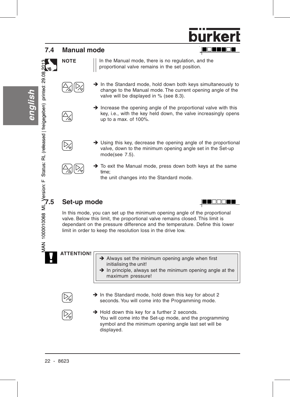 English, 4 manual mode, 5 set-up mode | Burkert Type 8623 User Manual | Page 24 / 90