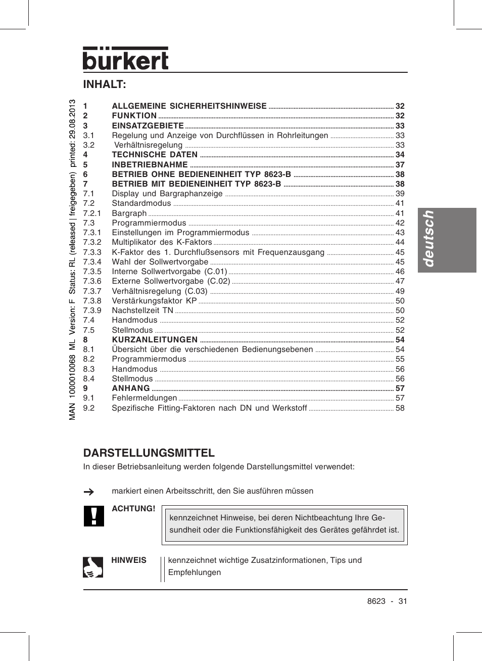 Deutsch, Inhalt, Darstellungsmittel | Burkert Type 8623 User Manual | Page 33 / 90